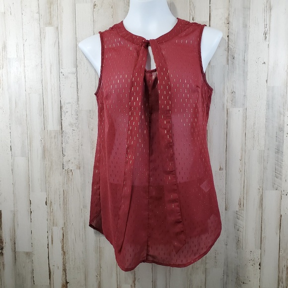 5/$25 Merona Womens Top S Red Gold Sleeveless Semi Sheer Tie Neck Career U1 - Picture 1 of 6